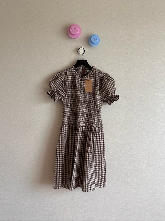 RIHOAS Dresses & Skirts - Rihoas Coffee Gingham Puffed Sleeve Mini Dress